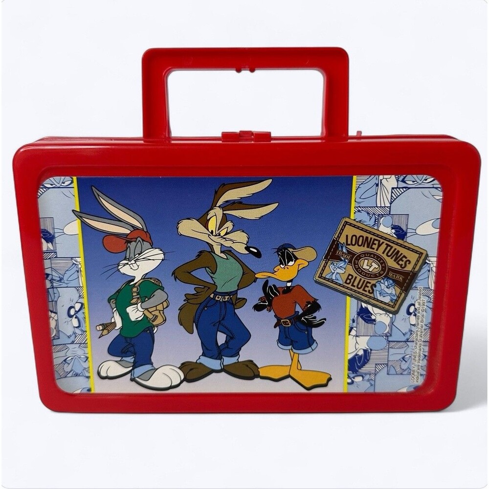 90s Vtg Looney Tunes Blues Pencil‎ Case Red Plastic Lunch Box Bugs Daffy Coyote